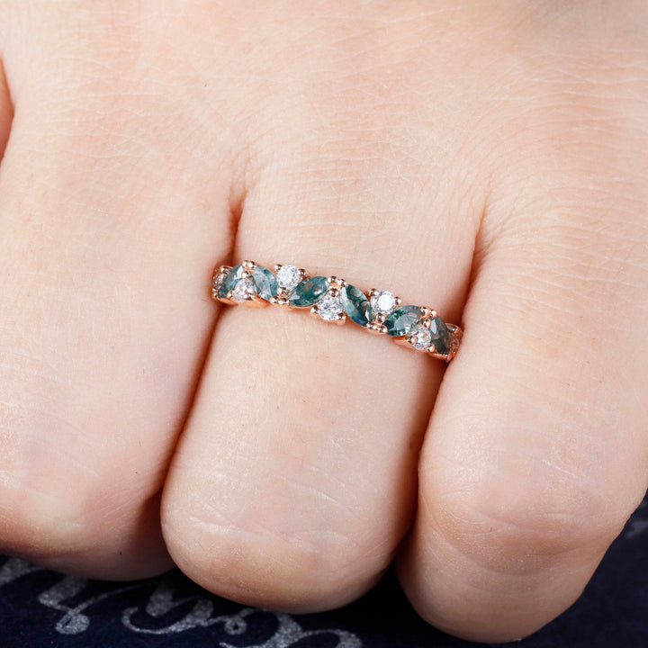 Vintage Marquise Cut Moss Agate Engagement Band, Half Eternity Wedding Band, Promise Ring Enhancer Unique Rose Gold Matching Band for Women - ShainJewelry