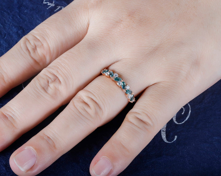 Vintage Marquise Cut Moss Agate Engagement Band, Half Eternity Wedding Band, Promise Ring Enhancer Unique Rose Gold Matching Band for Women - ShainJewelry