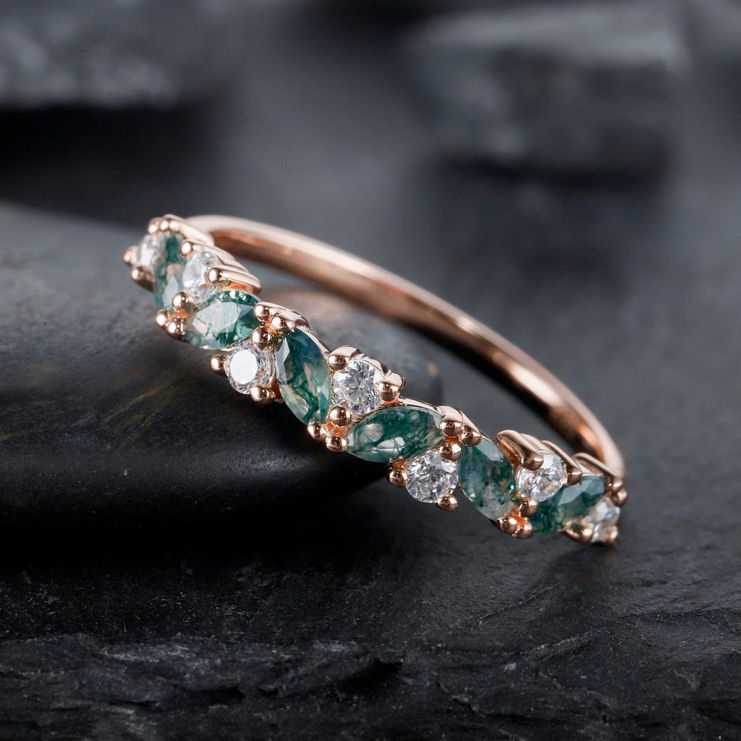 Vintage Marquise Cut Moss Agate Engagement Band, Half Eternity Wedding Band, Promise Ring Enhancer Unique Rose Gold Matching Band for Women - ShainJewelry