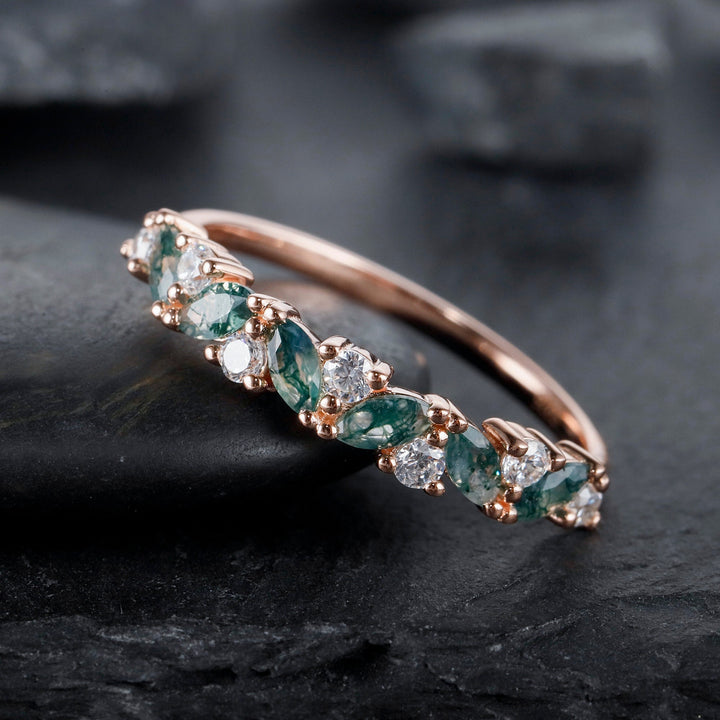 Vintage Marquise Cut Moss Agate Engagement Band, Half Eternity Wedding Band, Promise Ring Enhancer Unique Rose Gold Matching Band for Women - ShainJewelry