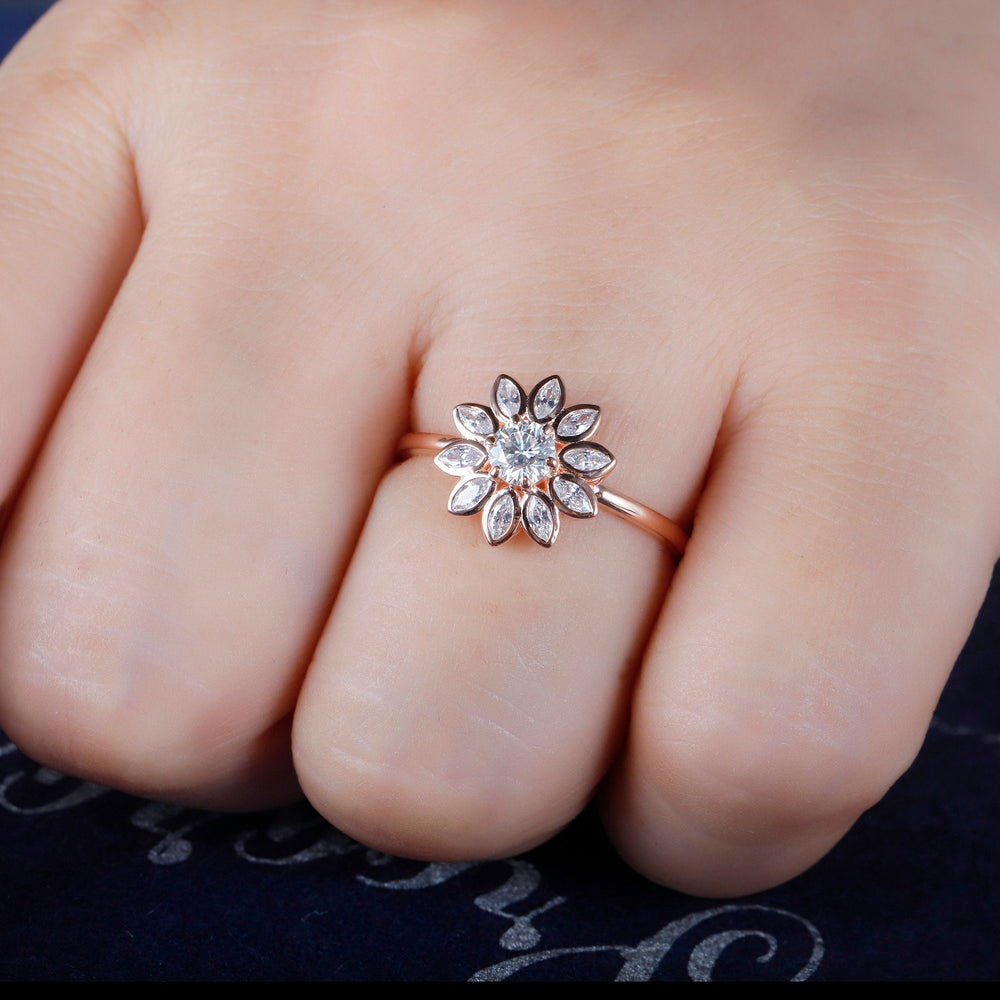 Vintage Sunflower Moissanite Engagement Ring Solid Rose Gold Bezel Setting Marquise Cut Round Moissanite Wedding Anniversary Promise Ring - ShainJewelry