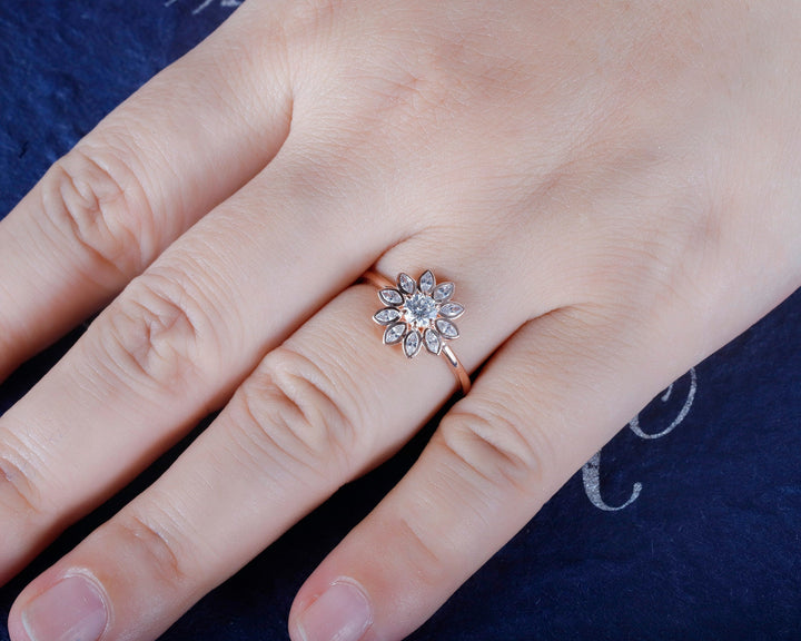 Vintage Sunflower Moissanite Engagement Ring Solid Rose Gold Bezel Setting Marquise Cut Round Moissanite Wedding Anniversary Promise Ring - ShainJewelry