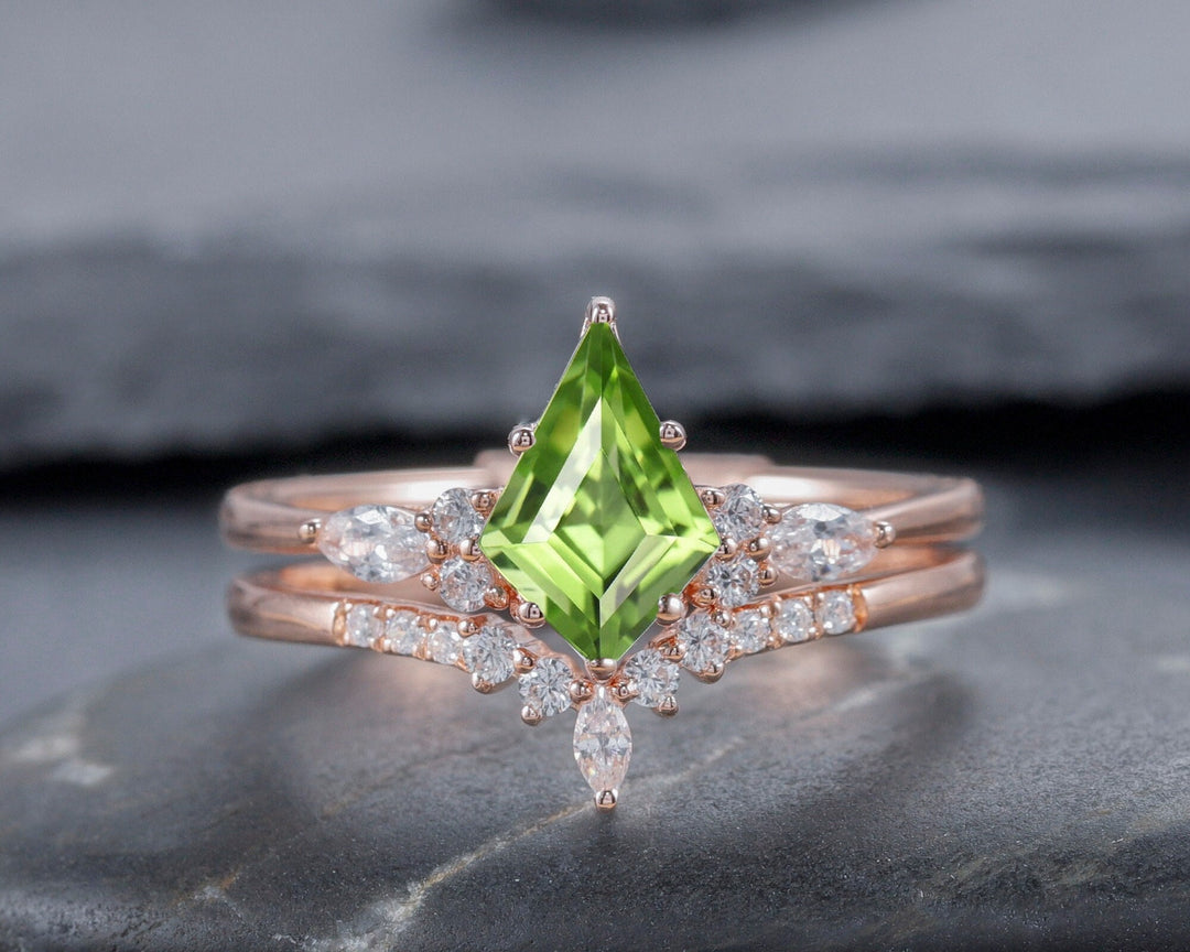 Vintage Kite Cut Peridot and Moissanite Engagement Ring Set, Unique 14K Rose Gold Marquise Cut Diamond Promise Wedding Ring Set Bridal Set - ShainJewelry