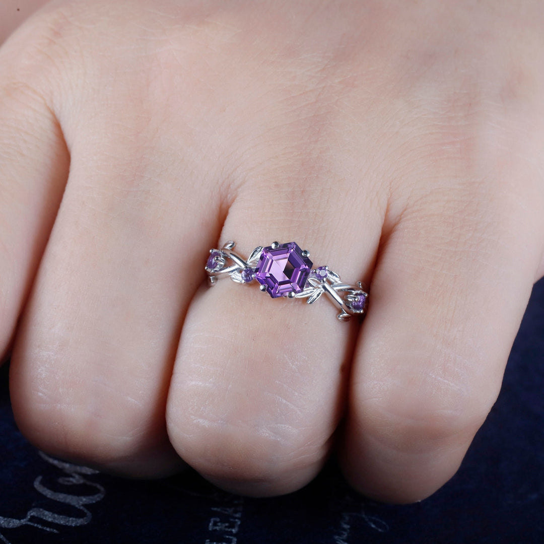 Vintage Hexagon Cut Amethyst Leaf Engagement Ring, Dainty Twist Branch Amethyst Promise Ring, Unique Rose Gold Purple Amethyst Wedding Ring - ShainJewelry