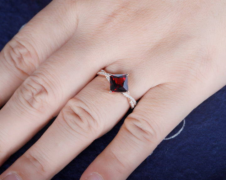 Princess Cut Garnet Diamond Engagement Ring Vintage January Birthstone Moissanite Twist Band Wedding Ring Rose Gold Promise Ring For Women - ShainJewelry