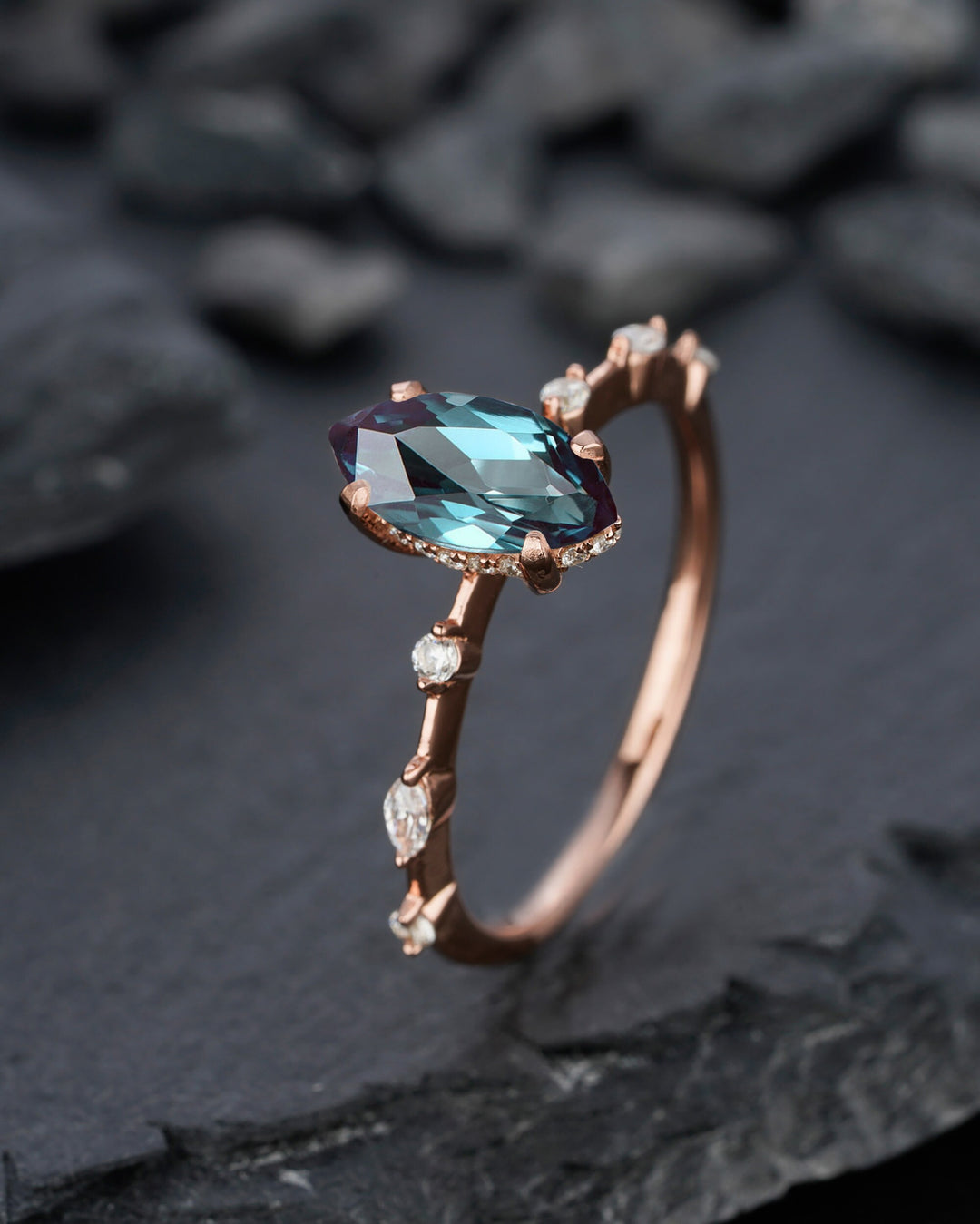 Vintage Marquise Cut Alexandrite Engagement Ring, Unique June Birthstone Wedding Promise Ring, 14K Rose Gold /Sterling Silver Ring for Women - ShainJewelry