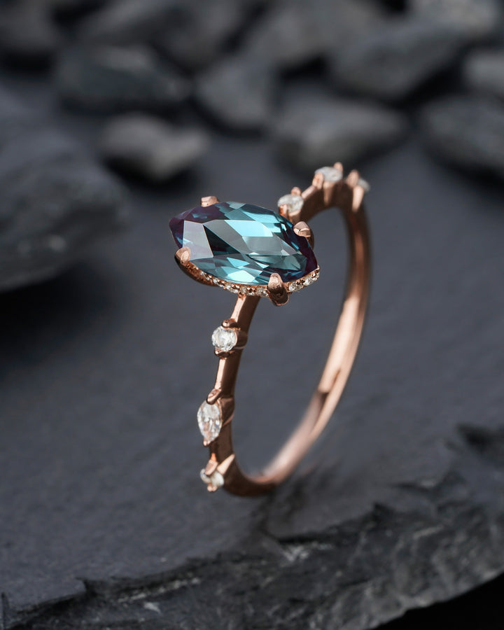Vintage Marquise Cut Alexandrite Engagement Ring, Unique June Birthstone Wedding Promise Ring, 14K Rose Gold /Sterling Silver Ring for Women - ShainJewelry
