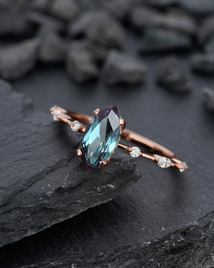 Vintage Marquise Cut Alexandrite Engagement Ring, Unique June Birthstone Wedding Promise Ring, 14K Rose Gold /Sterling Silver Ring for Women - ShainJewelry