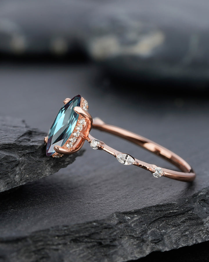 Vintage Marquise Cut Alexandrite Engagement Ring, Unique June Birthstone Wedding Promise Ring, 14K Rose Gold /Sterling Silver Ring for Women - ShainJewelry