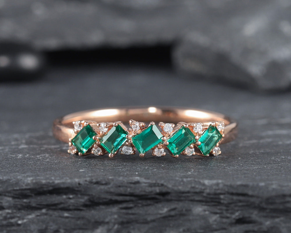 Baguette Emerald and Moissanite Wedding Band, Emerald Engagement Ring Enhancer Emerald Straight Band Vintage Rose Gold Emerald Matching Band - ShainJewelry