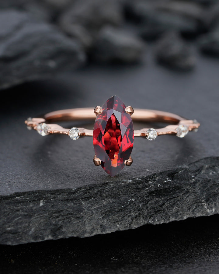 Vintage Marquise Cut Garnet Engagement Ring, Unique January Birthstone Wedding Promise Ring, 14K Rose Gold /Sterling Silver Ring for Women - ShainJewelry