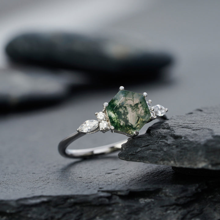 Unique Hexagon Green Tree Moss Agate Engagement Ring, Vintage White Gold Sterling Silver Moss Agate Promise Ring Moss Agate Wedding Ring - ShainJewelry