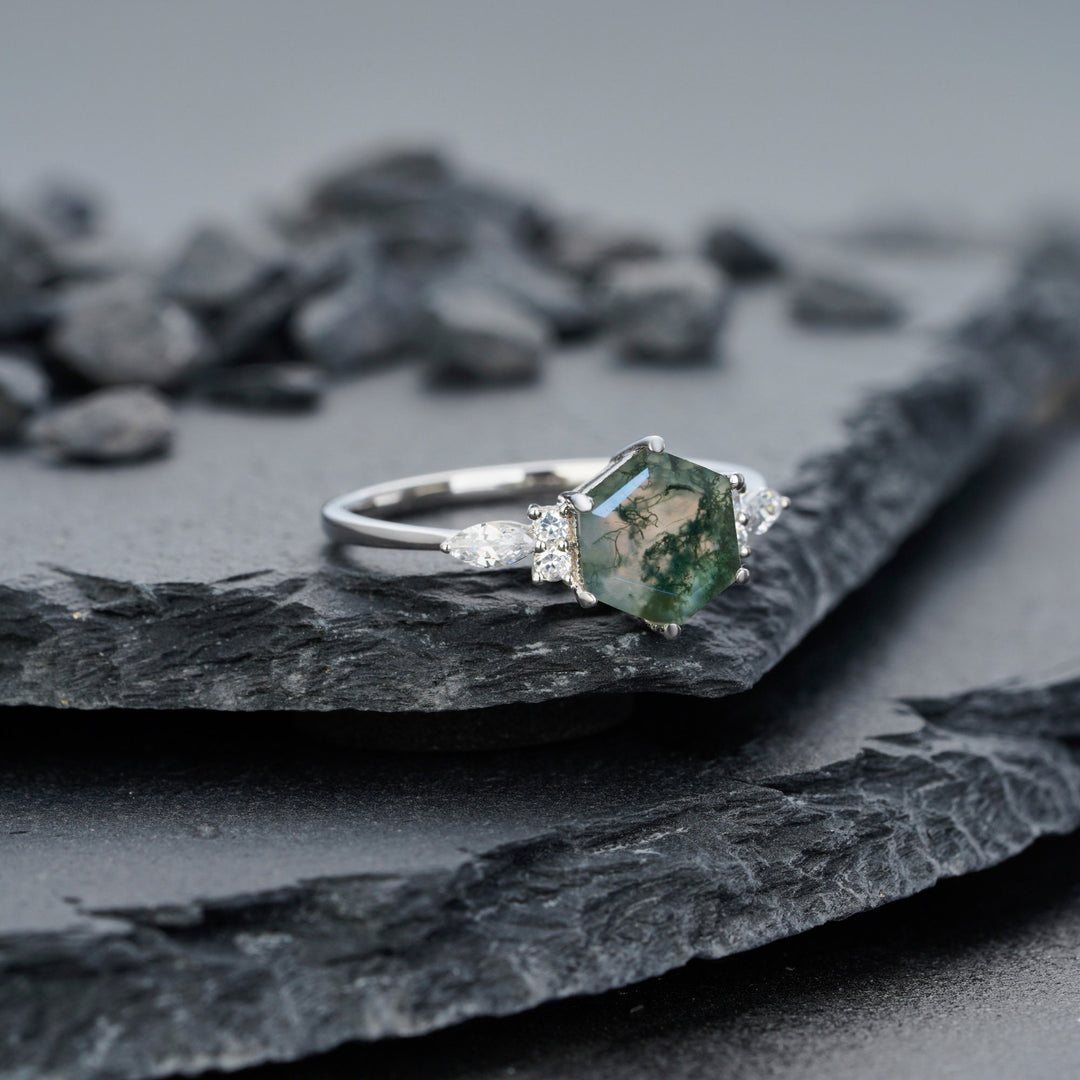 Unique Hexagon Green Tree Moss Agate Engagement Ring, Vintage White Gold Sterling Silver Moss Agate Promise Ring Moss Agate Wedding Ring - ShainJewelry