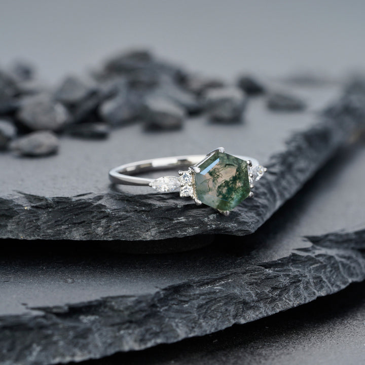 Unique Hexagon Green Tree Moss Agate Engagement Ring, Vintage White Gold Sterling Silver Moss Agate Promise Ring Moss Agate Wedding Ring - ShainJewelry