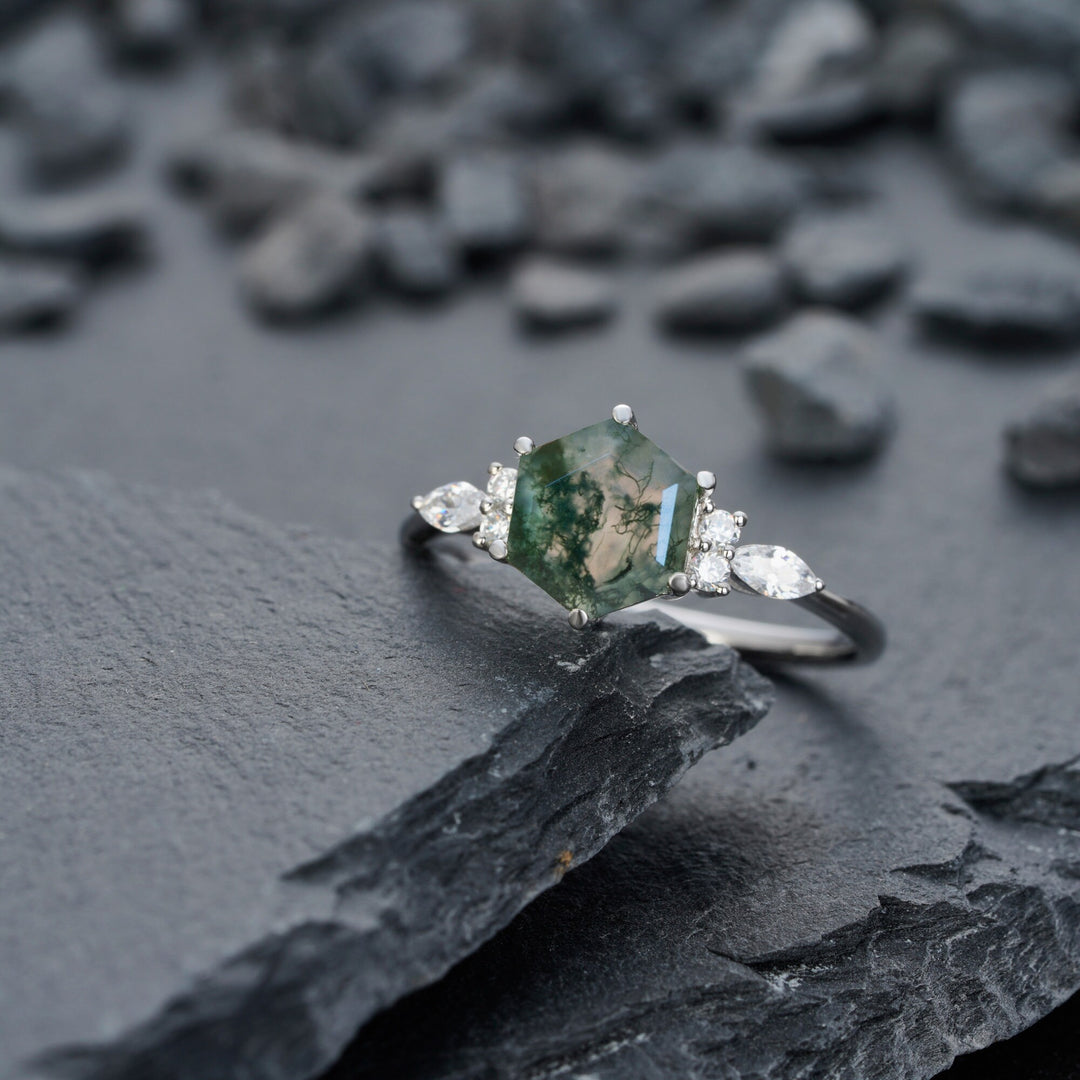 Unique Hexagon Green Tree Moss Agate Engagement Ring, Vintage White Gold Sterling Silver Moss Agate Promise Ring Moss Agate Wedding Ring - ShainJewelry