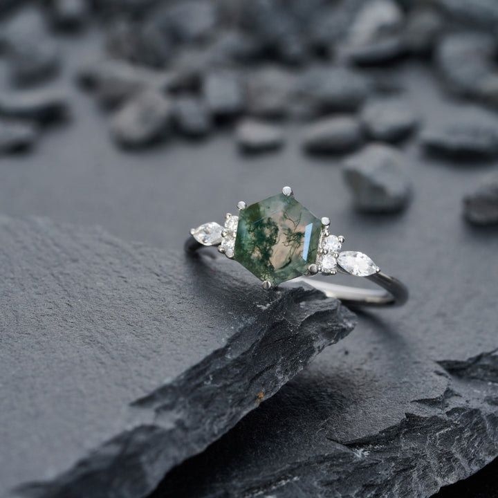 Unique Hexagon Green Tree Moss Agate Engagement Ring, Vintage White Gold Sterling Silver Moss Agate Promise Ring Moss Agate Wedding Ring - ShainJewelry
