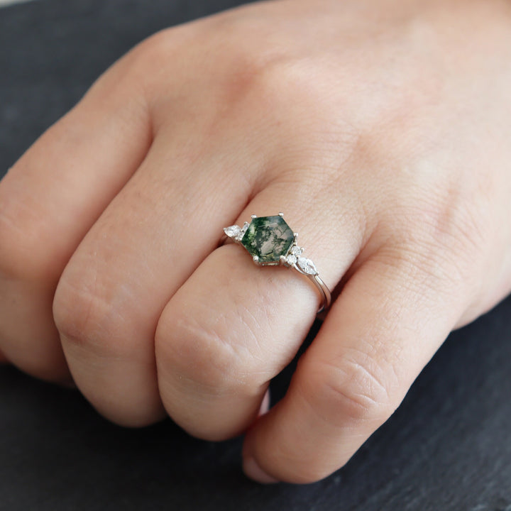 Unique Hexagon Green Tree Moss Agate Engagement Ring, Vintage White Gold Sterling Silver Moss Agate Promise Ring Moss Agate Wedding Ring - ShainJewelry