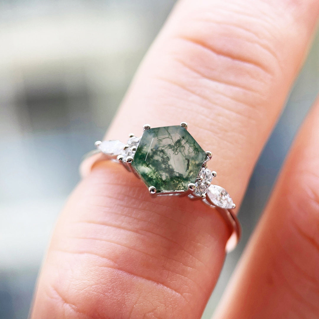Unique Hexagon Green Tree Moss Agate Engagement Ring, Vintage White Gold Sterling Silver Moss Agate Promise Ring Moss Agate Wedding Ring - ShainJewelry