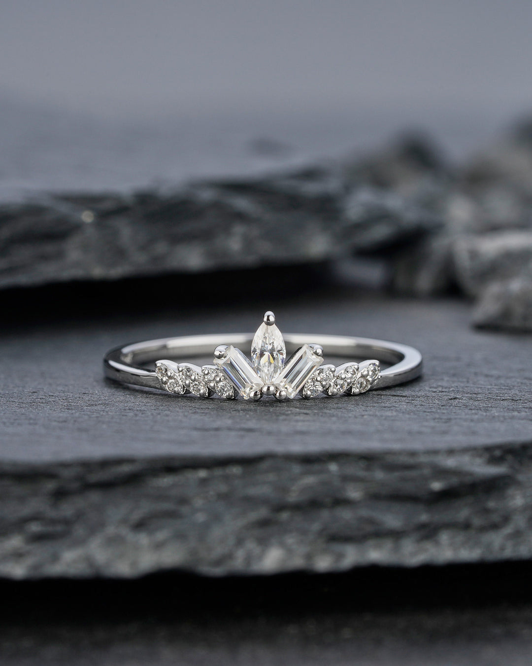 Unique Marquise Moissanite Cluster Wedding Band Baguette Cut Engagement Promise Matching Band Stackable White Gold Anniversary Ring Enhancer - ShainJewelry