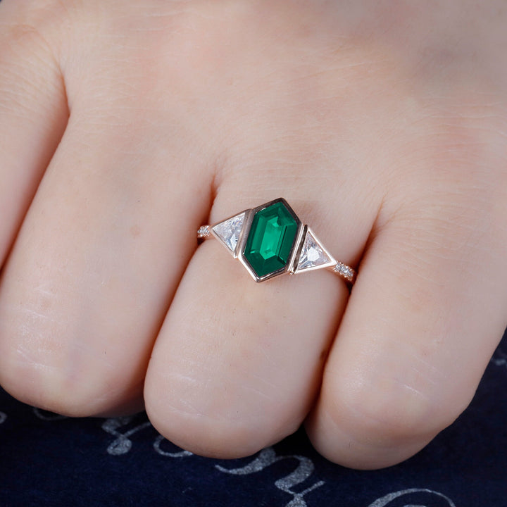 Vintage Long Hexagon Cut Emerald Engagement Ring, Unique 14K White Gold Trilliant Moissanite Wedding Promise Ring Three Stone Ring For Women - ShainJewelry