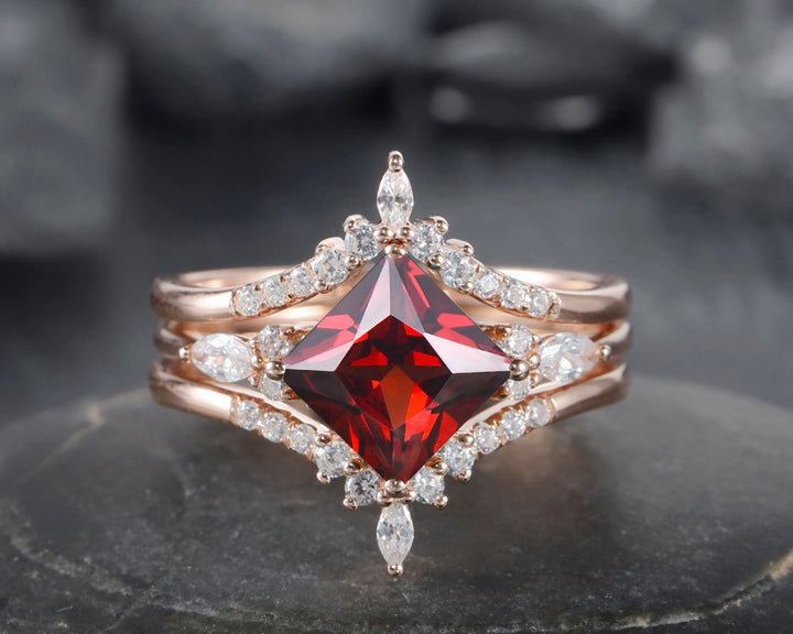 Princess Cut Garnet Moissanite Bridal Set Unique January Birthstone Engagement Ring Set Vintage Wedding Set Rose Gold Promise Ring for Her - ShainJewelry