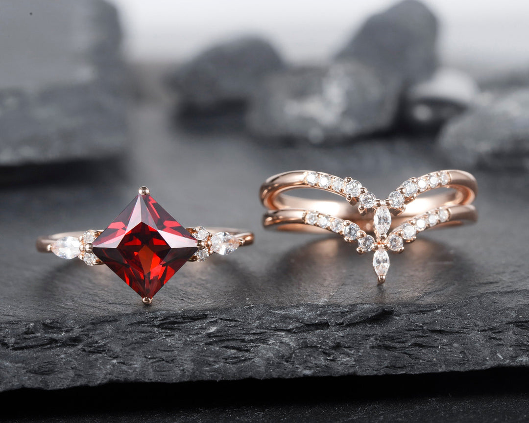 Princess Cut Garnet Moissanite Bridal Set Unique January Birthstone Engagement Ring Set Vintage Wedding Set Rose Gold Promise Ring for Her - ShainJewelry