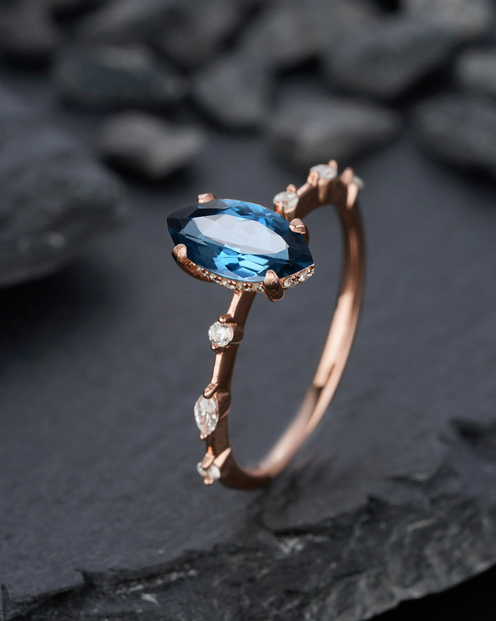 Vintage Marquise Cut London Blue Topaz Engagement Ring, Unique November Birthstone Wedding Ring, Topaz Promise Ring, Anniversary Ring Gift - ShainJewelry