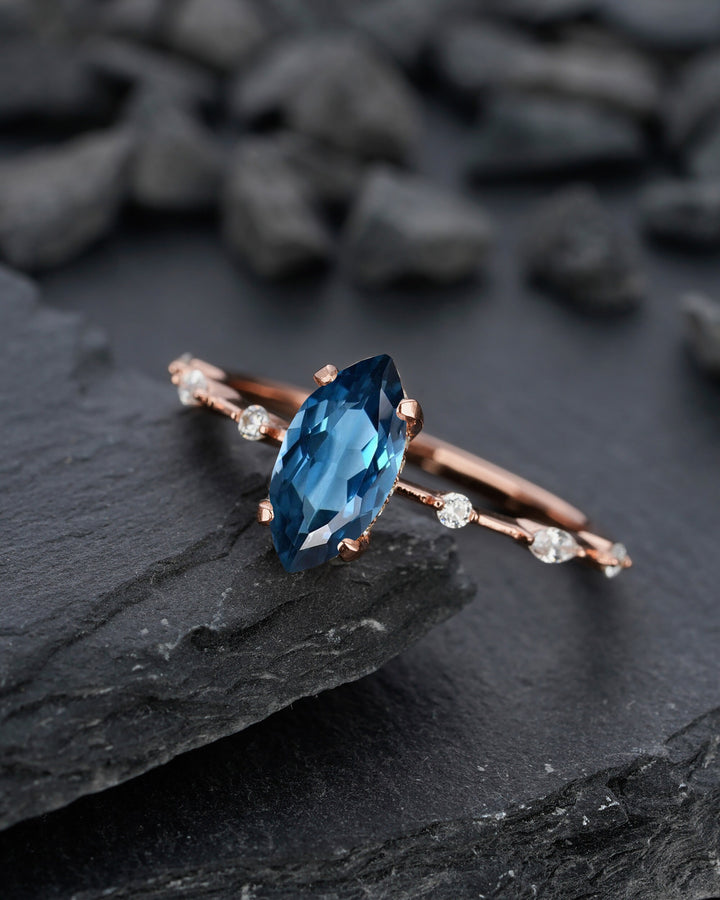Vintage Marquise Cut London Blue Topaz Engagement Ring, Unique November Birthstone Wedding Ring, Topaz Promise Ring, Anniversary Ring Gift - ShainJewelry