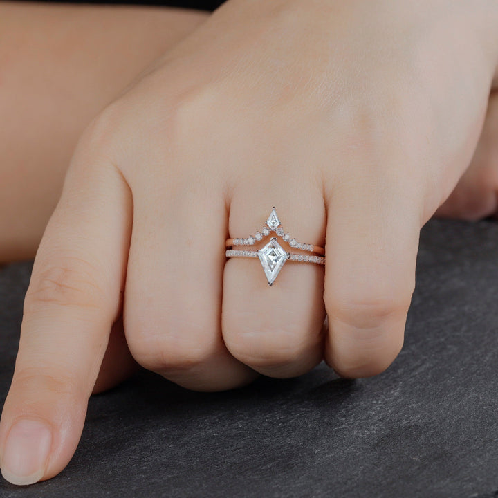 Vintage Kite Cut Moissanite Bridal Set, Unique V Shape Half Eternity Moissanite Wedding Set, 14K Rose Gold Promise Engagement Ring Set - ShainJewelry