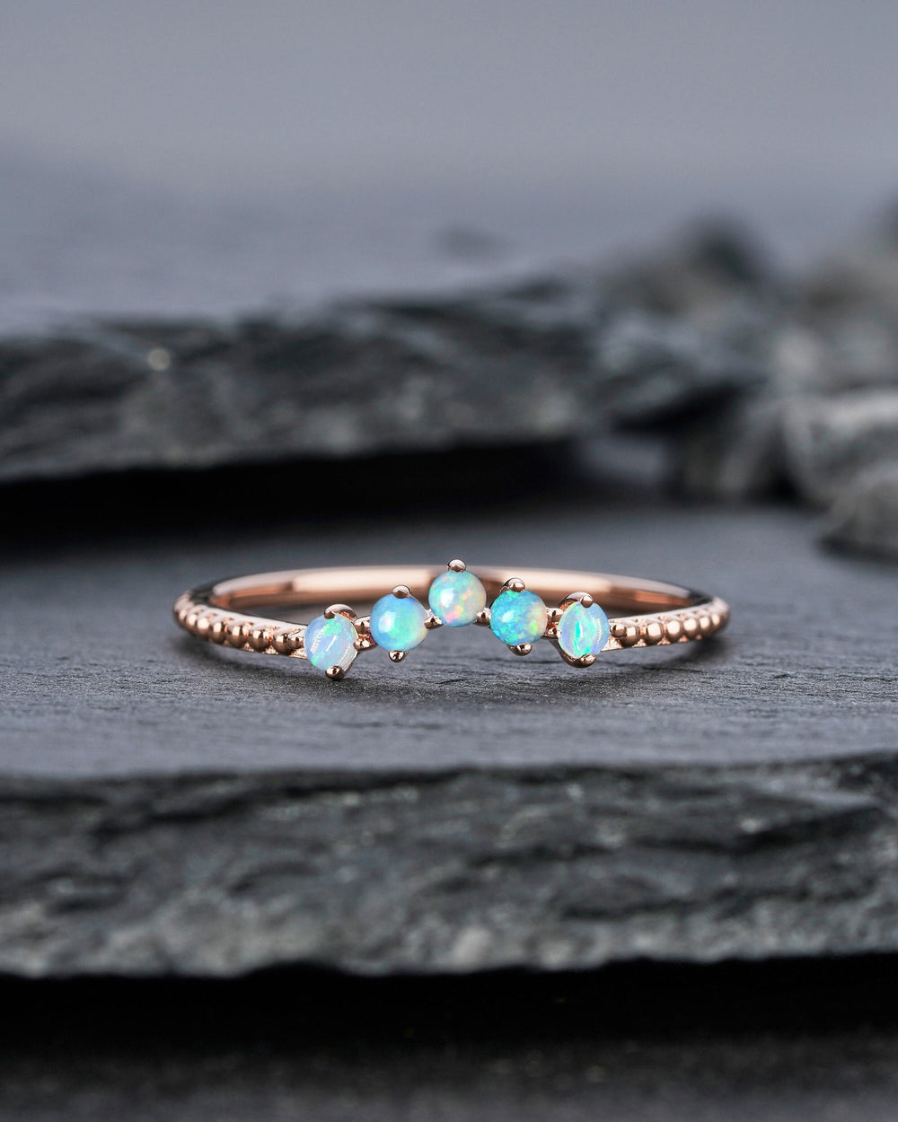 Milgrain V Shape Australian Blue Fire Opal Wedding Band, Unique 14K 18K Rose Gold Ring Enhancer Nesting Band Vintage Matching Band for Women - ShainJewelry