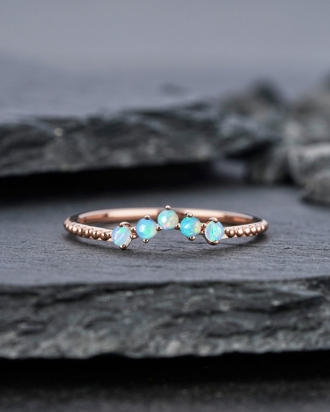 Milgrain V Shape Australian Blue Fire Opal Wedding Band, Unique 14K 18K Rose Gold Ring Enhancer Nesting Band Vintage Matching Band for Women - ShainJewelry