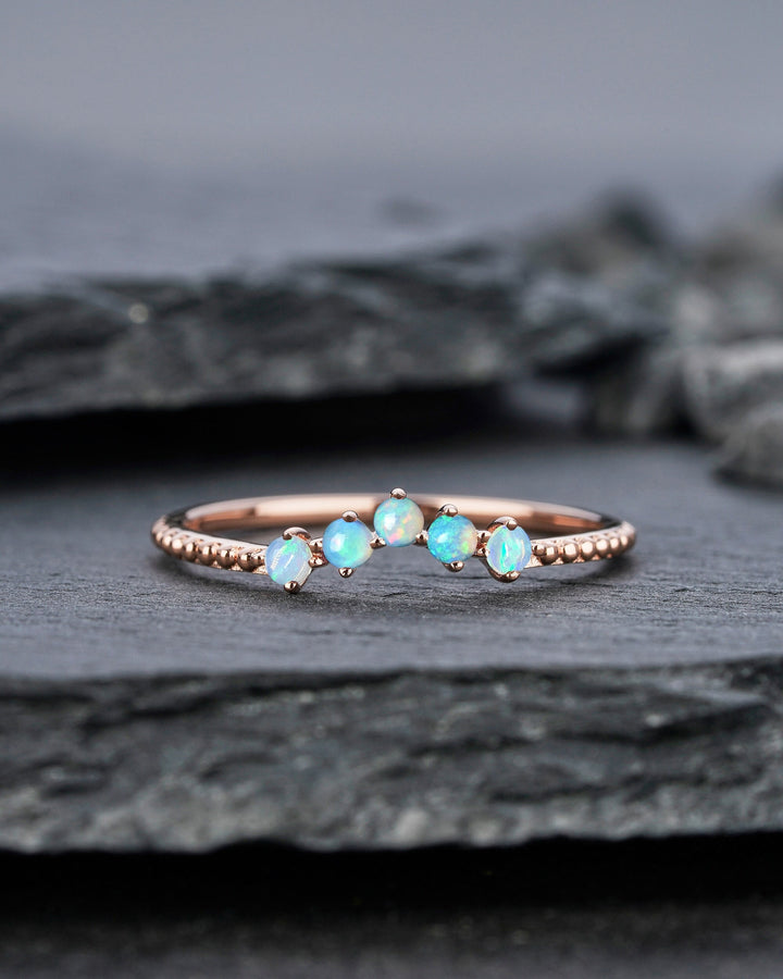 Milgrain V Shape Australian Blue Fire Opal Wedding Band, Unique 14K 18K Rose Gold Ring Enhancer Nesting Band Vintage Matching Band for Women - ShainJewelry