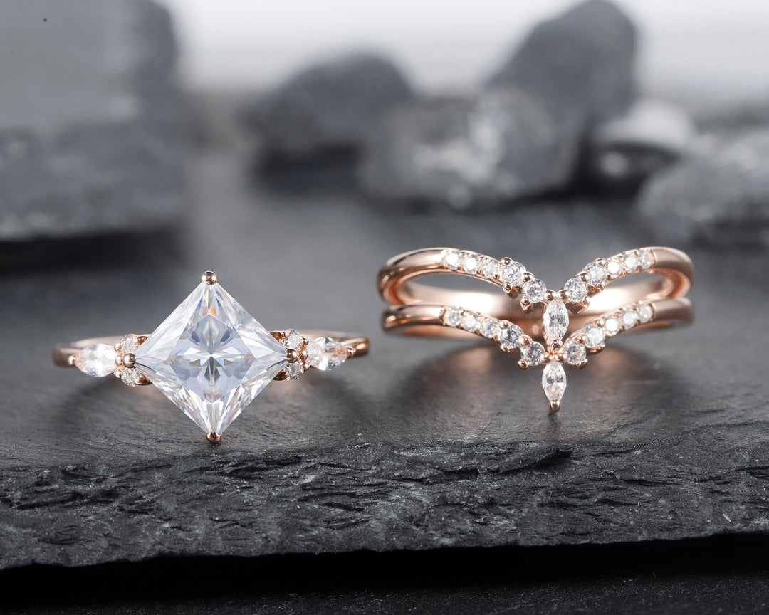 Unique Princess Cut Moissanite Bridal Set, Vintage Moissanite Engagement Ring , Art Deco Moissanite Wedding Set, 14K Rose Gold Promise Ring - ShainJewelry
