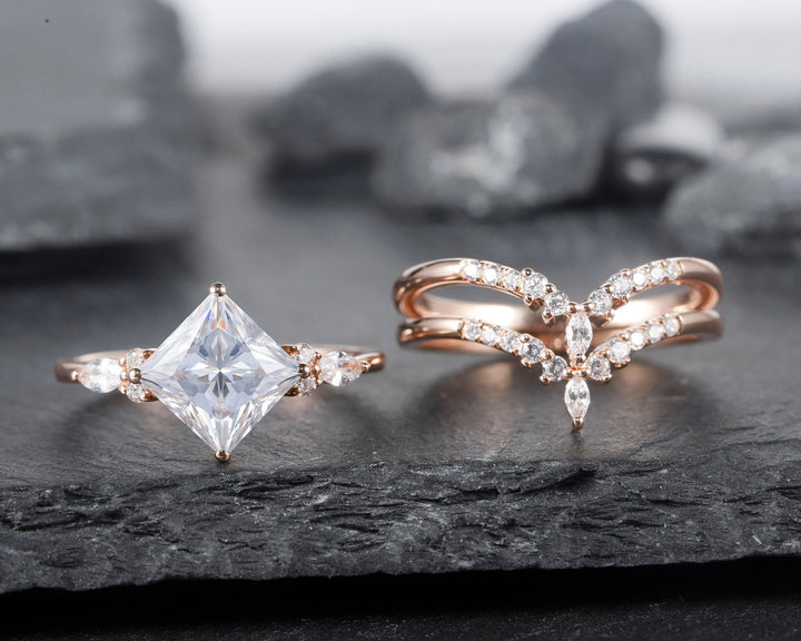 Unique Princess Cut Moissanite Bridal Set, Vintage Moissanite Engagement Ring , Art Deco Moissanite Wedding Set, 14K Rose Gold Promise Ring - ShainJewelry