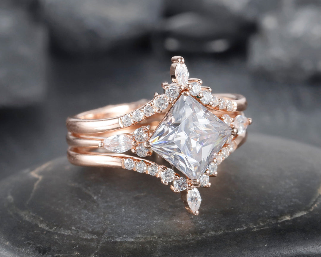 Unique Princess Cut Moissanite Bridal Set, Vintage Moissanite Engagement Ring , Art Deco Moissanite Wedding Set, 14K Rose Gold Promise Ring - ShainJewelry