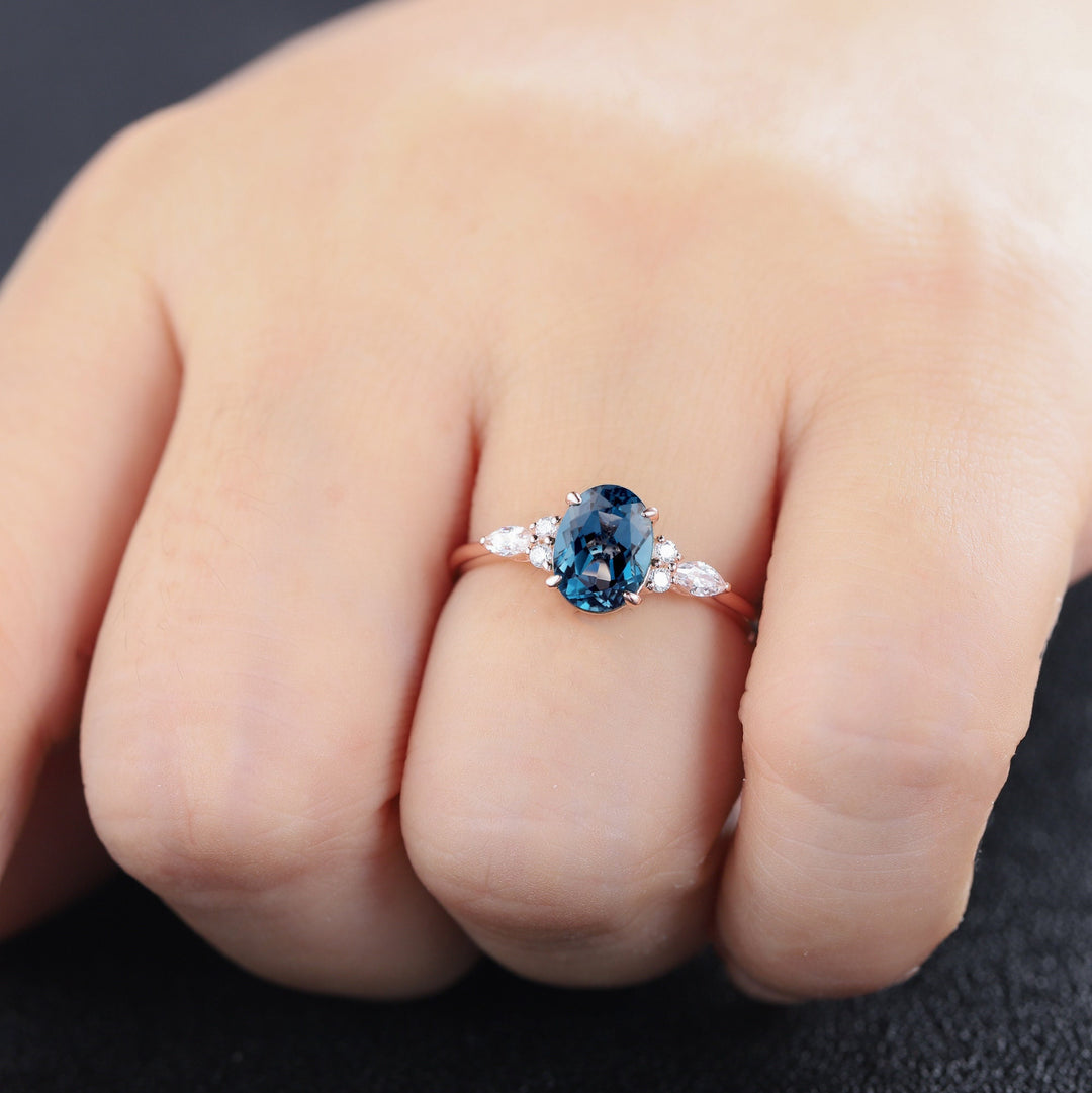 Vintage Oval Shape London Blue Topaz Engagement Ring, Unique Marquise Moissanite Wedding Ring, 14K Rose Gold Topaz Anniversary Promise Ring - ShainJewelry