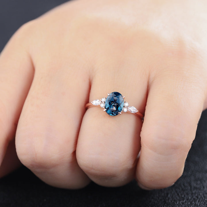Vintage Oval Shape London Blue Topaz Engagement Ring, Unique Marquise Moissanite Wedding Ring, 14K Rose Gold Topaz Anniversary Promise Ring - ShainJewelry