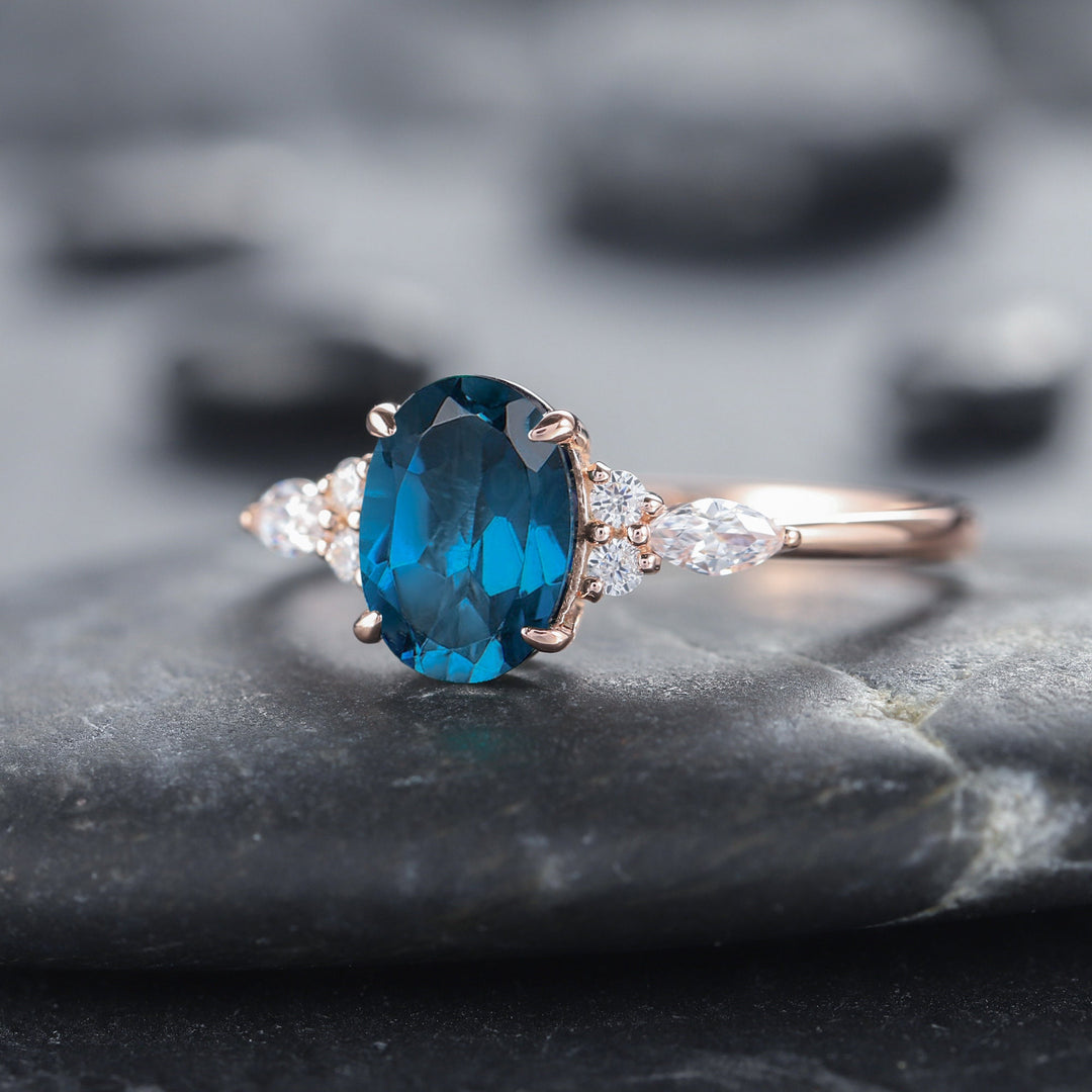 Vintage Oval Shape London Blue Topaz Engagement Ring, Unique Marquise Moissanite Wedding Ring, 14K Rose Gold Topaz Anniversary Promise Ring - ShainJewelry