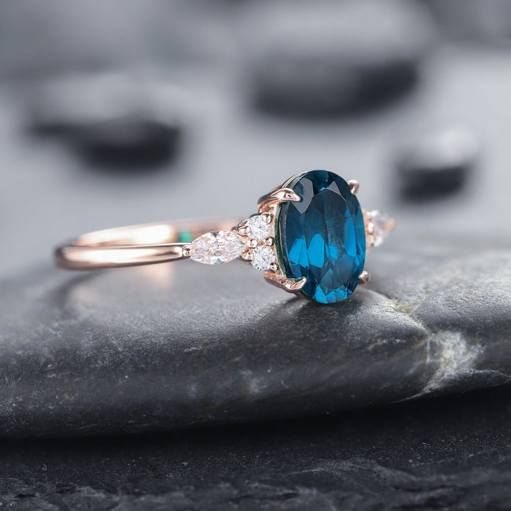 Vintage Oval Shape London Blue Topaz Engagement Ring, Unique Marquise Moissanite Wedding Ring, 14K Rose Gold Topaz Anniversary Promise Ring - ShainJewelry