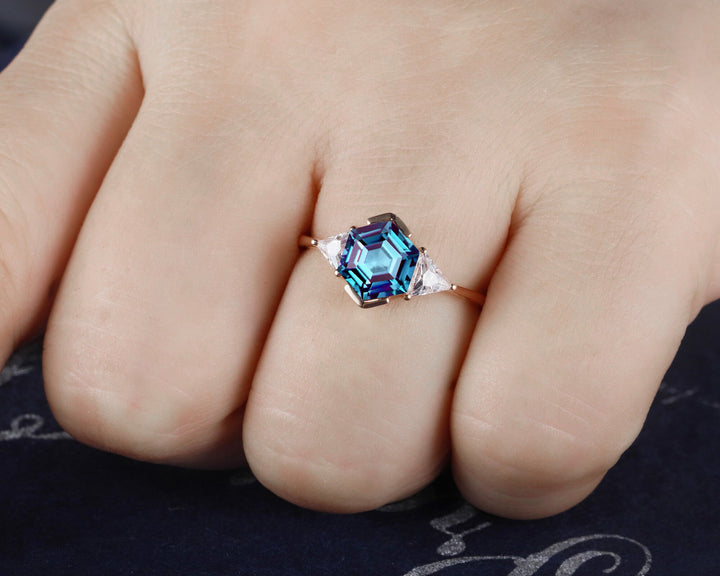 Unique Hexagon Cut Alexandrite Engagement Ring, Vintage Yellow Gold Triangle Moissanite Promise Ring, Half Bezel Three Stone Wedding Ring - ShainJewelry