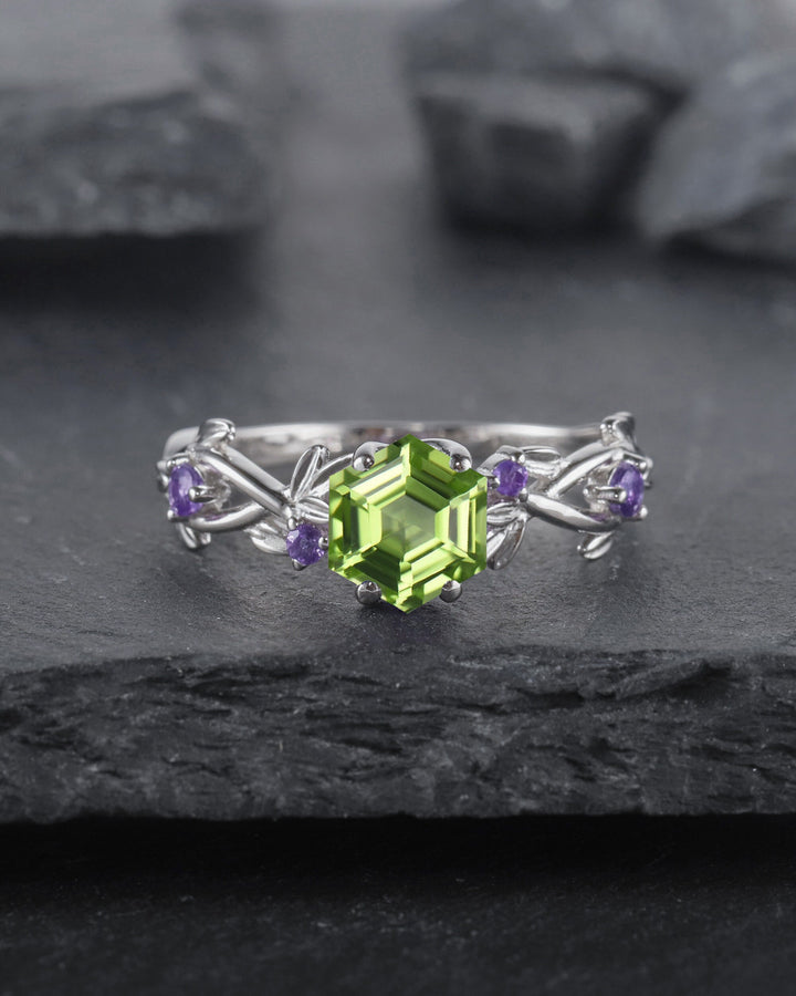 Vintage Hexagon Cut Peridot Amethyst Leaf Engagement Ring Dainty Twisted Promise Ring Unique White Gold August Birthstone Wedding Ring Gift - ShainJewelry