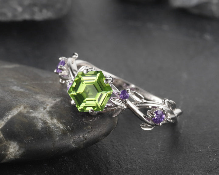 Vintage Hexagon Cut Peridot Amethyst Leaf Engagement Ring Dainty Twisted Promise Ring Unique White Gold August Birthstone Wedding Ring Gift - ShainJewelry