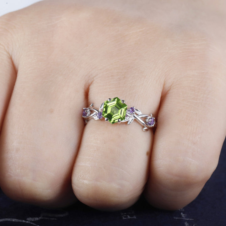 Vintage Hexagon Cut Peridot Amethyst Leaf Engagement Ring Dainty Twisted Promise Ring Unique White Gold August Birthstone Wedding Ring Gift - ShainJewelry