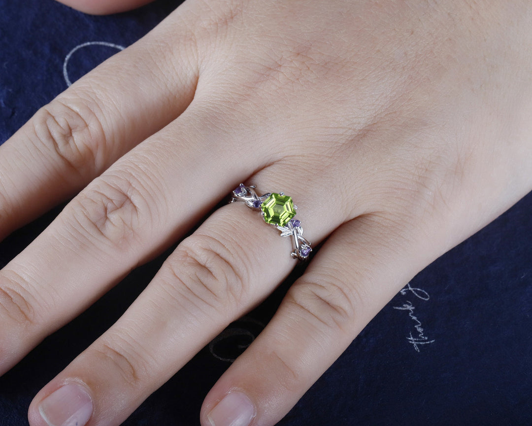 Vintage Hexagon Cut Peridot Amethyst Leaf Engagement Ring Dainty Twisted Promise Ring Unique White Gold August Birthstone Wedding Ring Gift - ShainJewelry
