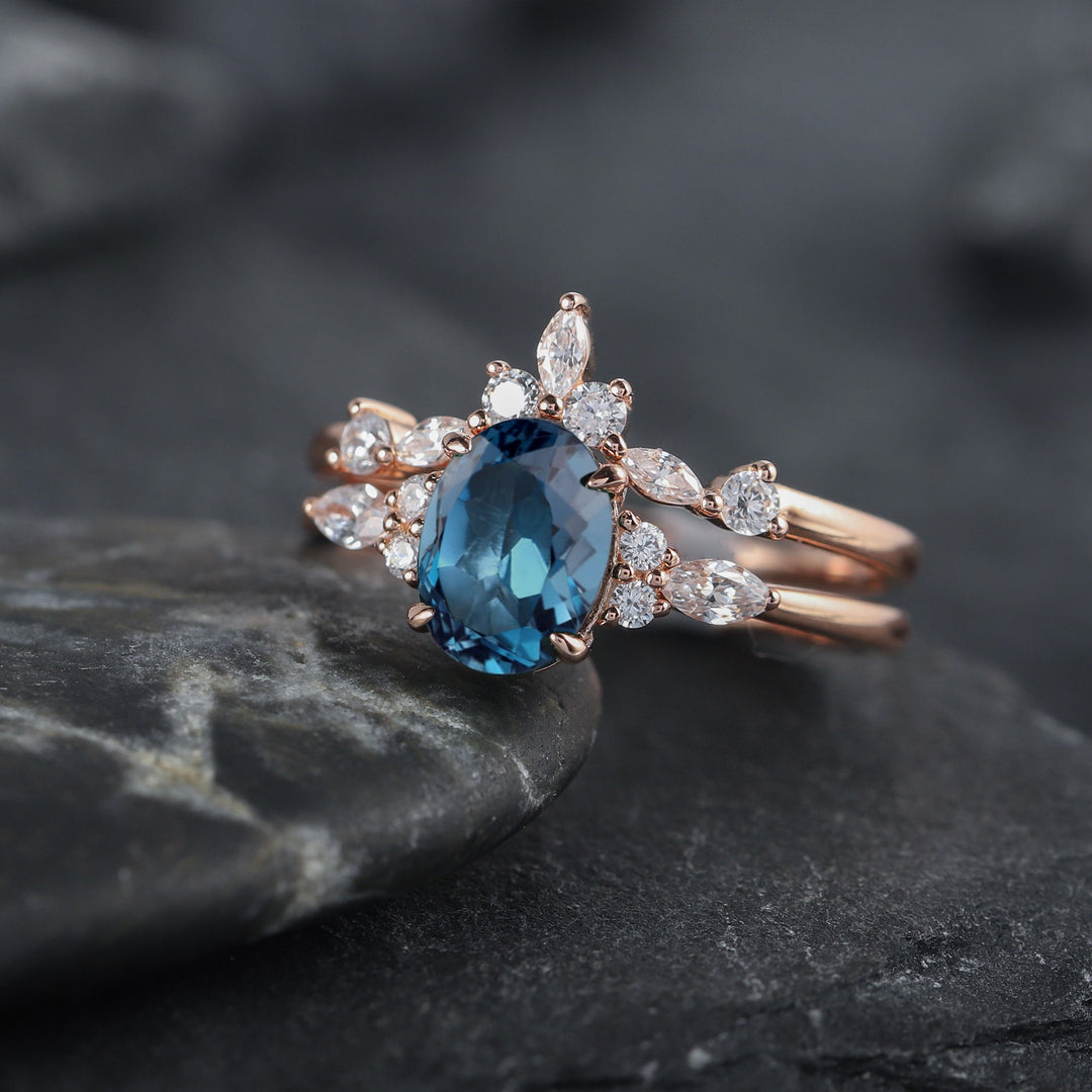 Vintage Oval Shape London Blue Topaz and Moissanite Engagement Ring, Unique Rose Gold Wedding Ring Bridal Set, Promise Ring Gift for Women - ShainJewelry