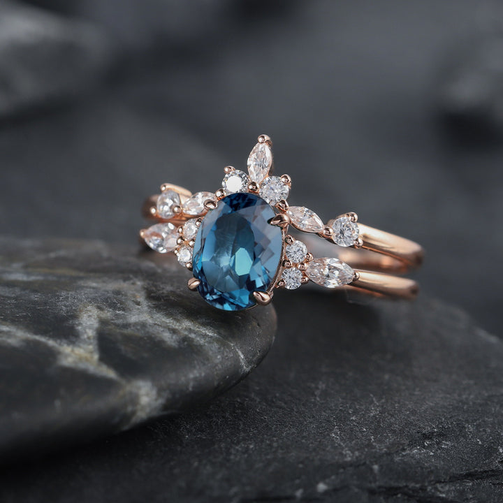 Vintage Oval Shape London Blue Topaz and Moissanite Engagement Ring, Unique Rose Gold Wedding Ring Bridal Set, Promise Ring Gift for Women - ShainJewelry