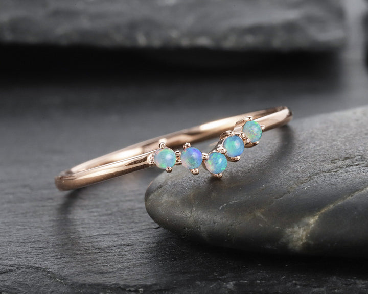 V Shaped Natural Australian Blue Fire Opal Wedding Band, Unique 14K 18K Rose Gold Ring Enhancer Nesting Band Vintage Straight Matching Band - ShainJewelry