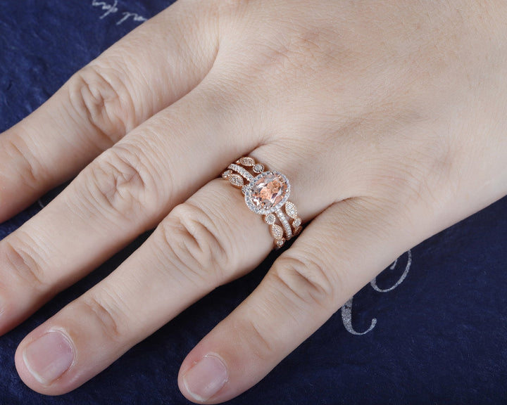 3PCS Oval Pink Morganite Engagement Halo Ring Set, Vintage 14K Rose Gold Morganite Bridal Set, Unique Alternative Wedding Set Promise Ring - ShainJewelry