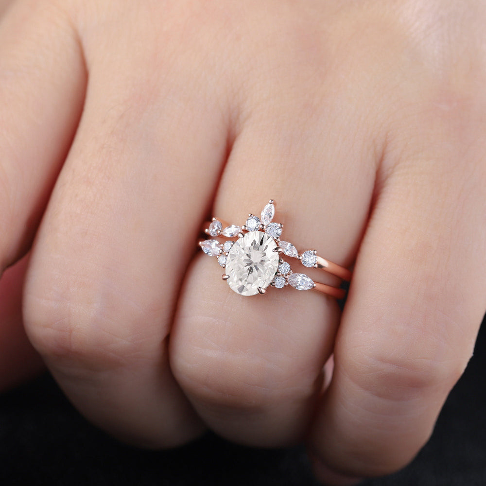 Vintage Moissanite Engagement Ring Set, Unique 14K Rose Gold Oval Cut Moissanite Wedding Ring Bridal Set, Anniversary Promise Ring Gift - ShainJewelry