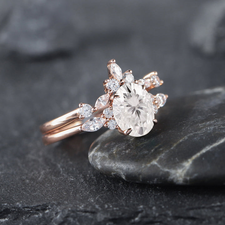 Vintage Moissanite Engagement Ring Set, Unique 14K Rose Gold Oval Cut Moissanite Wedding Ring Bridal Set, Anniversary Promise Ring Gift - ShainJewelry